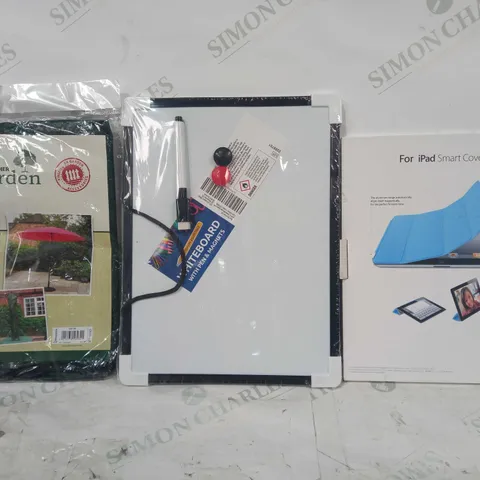 BOX OF APPROXIMATELY 15 ASSORTED HOUSEHOLD ITEMS TO INCLUDE IPAD SMART COVER, WHITEBOARD WITH PEN, PARASOL COVER, ETC