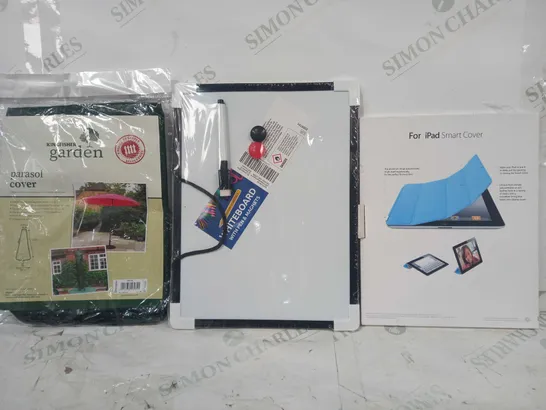 BOX OF APPROXIMATELY 15 ASSORTED HOUSEHOLD ITEMS TO INCLUDE IPAD SMART COVER, WHITEBOARD WITH PEN, PARASOL COVER, ETC