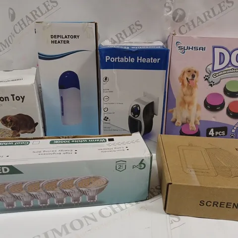 BOX OF APPROX 10 ASSORTED HOUSEHOLD ITEMS TO INCLUDE CAT TOY, DOG COMMUNICATION BUTTONS, LIGHT BULBS, ETC 