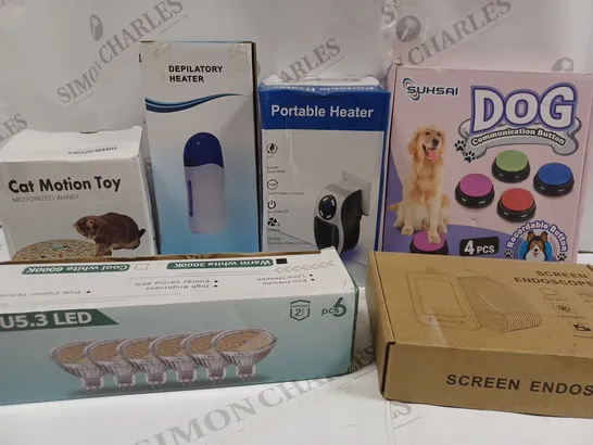 BOX OF APPROX 10 ASSORTED HOUSEHOLD ITEMS TO INCLUDE CAT TOY, DOG COMMUNICATION BUTTONS, LIGHT BULBS, ETC 