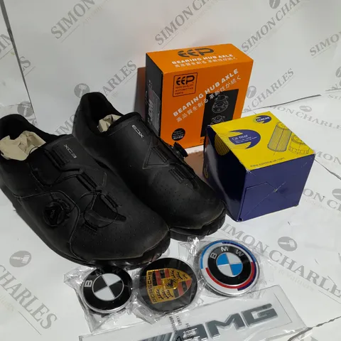 BOX OF APPROXIMATELY 20 ITEMS TO INCLUDE ECX SHOES, CAR BADGES, OIL FILTER ETC