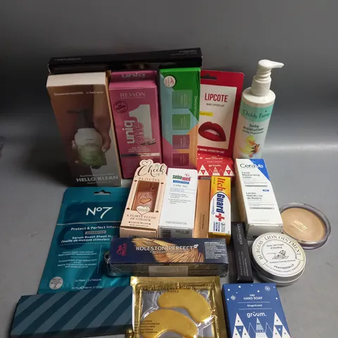 BOX OF APPROXIMATELY 20 COSMETIC ITEMS TO INCLUDE - CHILD'S FARM MOISTURISER - PLOUISE BLUSHER - ETC 