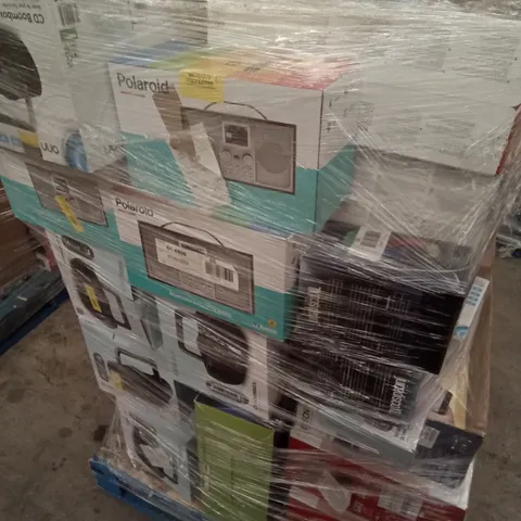 PALLET OF ASSORTED ELECTRONICS INCLUDING CD BOOMBOX, FITRX MUSCLE MASSAGE GUN, ROKU EXPRESS, PANASONIC DVD PLAYER, CANON PIXMA PRINTER, POLAROID BLUETOOTH DAB+/FM RADIO