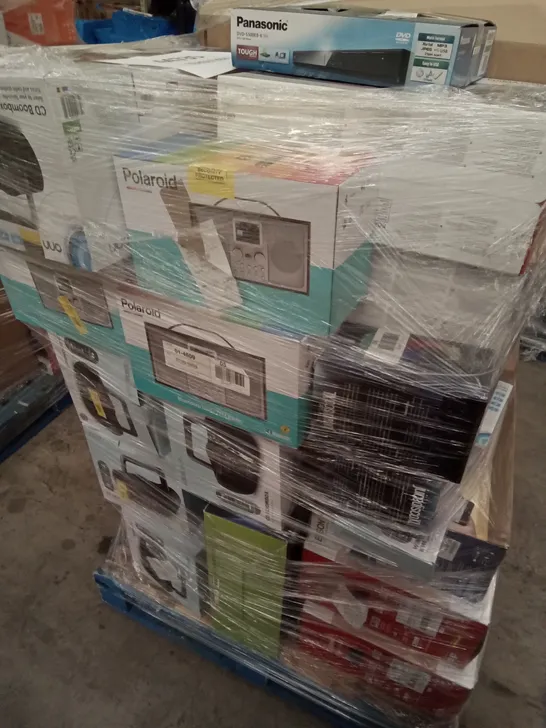 PALLET OF ASSORTED ELECTRONICS INCLUDING CD BOOMBOX, FITRX MUSCLE MASSAGE GUN, ROKU EXPRESS, PANASONIC DVD PLAYER, CANON PIXMA PRINTER, POLAROID BLUETOOTH DAB+/FM RADIO