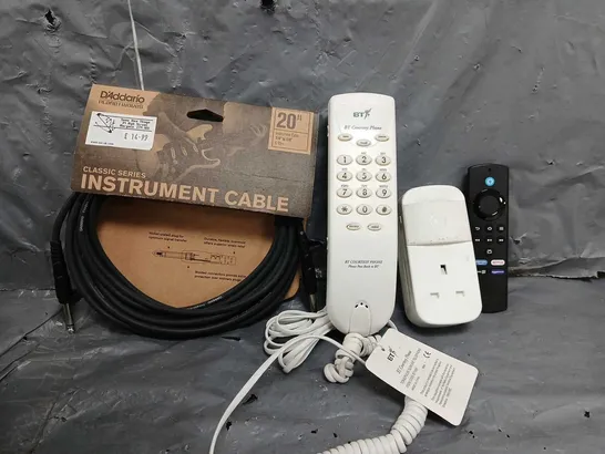 BOX OF APPROXIMATELY 12 ASSORTED ITEMS TO INCLUDE - FIRESTICK REMOTE , INSTRUMENT CABLE , BT COURTESY PHONE ETC