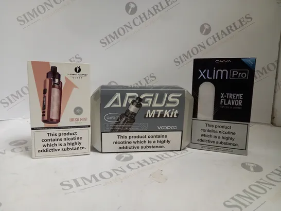 APPROXIMATELY 20 ASSORTED BOXED VAPING PRODUCTS TO INCLUDE LOST VAPE URSA MINI POD KIT, VOOPOO ARGUS MT KIT, OXVA XLIM PRO ETC. 