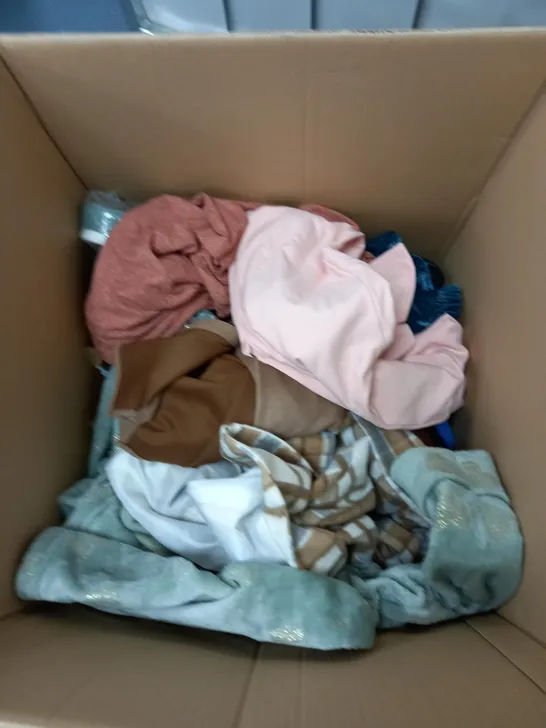 BOX OF ASSORTED CLOTHING TO INCLUDE PANTS, PYJAMAS, TOPS ETC 