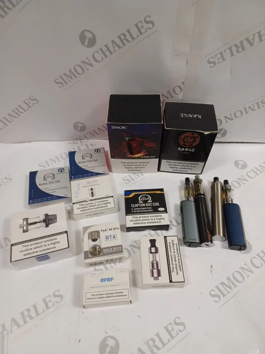 APPROXIMATELY 15 ASSORTED E-CIG PRODUCTS TO INCLUDE SMOK T-PRIV KIT, COIL PACKS, THE COUNCIL OF VAPOR RANGE ETC 