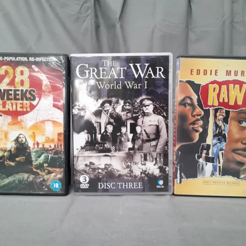 BOX OF APPROXIMATELY 20 ASSORTED DVDS TO INCLUDE 28 WEEKS LATER, THE GREAT WAR WORLD WAR I, RAW, ETC