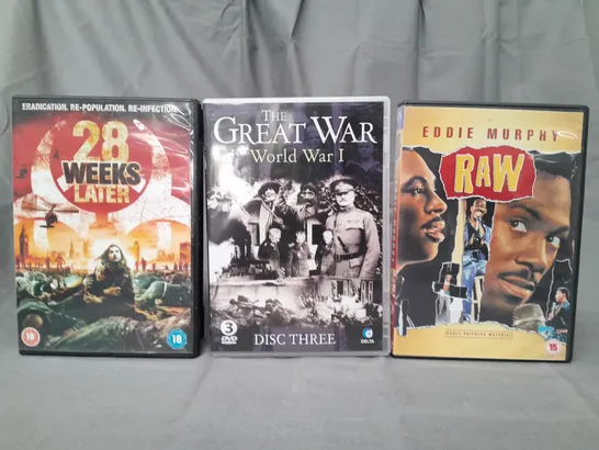 BOX OF APPROXIMATELY 20 ASSORTED DVDS TO INCLUDE 28 WEEKS LATER, THE GREAT WAR WORLD WAR I, RAW, ETC