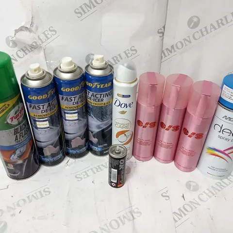 APPROXIMATELY 14 ASSORTED AEROSOL SPRAYS TO INCLUDE; MOTIP, DOVE, GOOD YEAR AND TURTLE WAX