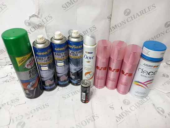 APPROXIMATELY 14 ASSORTED AEROSOL SPRAYS TO INCLUDE; MOTIP, DOVE, GOOD YEAR AND TURTLE WAX