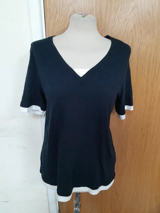 WHITE LABEL ORGANIC COTTON V NECK DOUBLE LAYER TOP IN NAVY SIZE 14