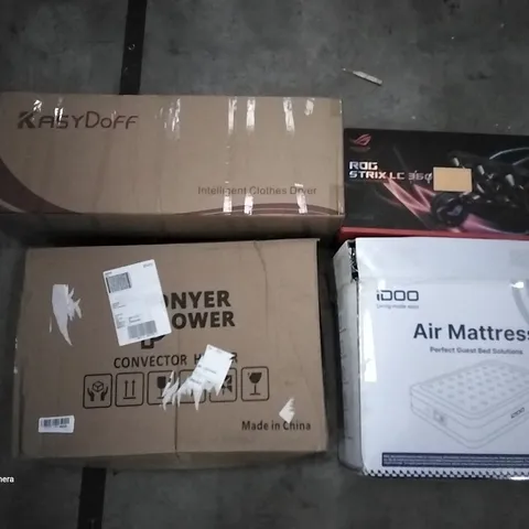 PALLET OF ASSORTED ITEMS INCLUDING KASYDOFF INTELLIGENT CLOTHES DRYER, DONYER POWER CONVERTER HEATER, IDOO AIR MATTRESS, ROG STRIX LC 360 LIQUID CPU COOLER 