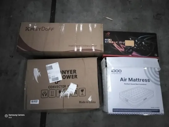 PALLET OF ASSORTED ITEMS INCLUDING KASYDOFF INTELLIGENT CLOTHES DRYER, DONYER POWER CONVERTER HEATER, IDOO AIR MATTRESS, ROG STRIX LC 360 LIQUID CPU COOLER 