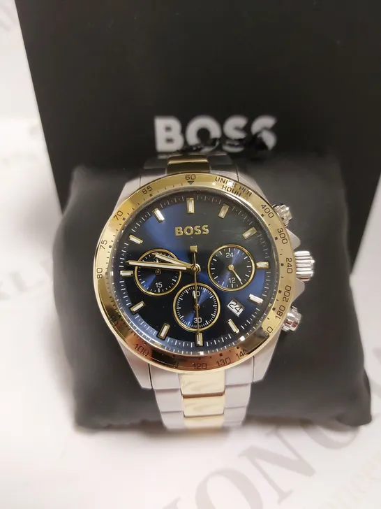 BOXED HUGO BOSS HERO BLUE CHRONOGRAPH TWO TONE STRAP WRIST WATCH