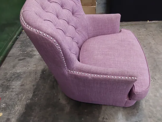 DESIGNER UPHOLSTERED BUTTONED BACK CHAIR PURPLE FABRIC WITH STUDDED DETAIL 