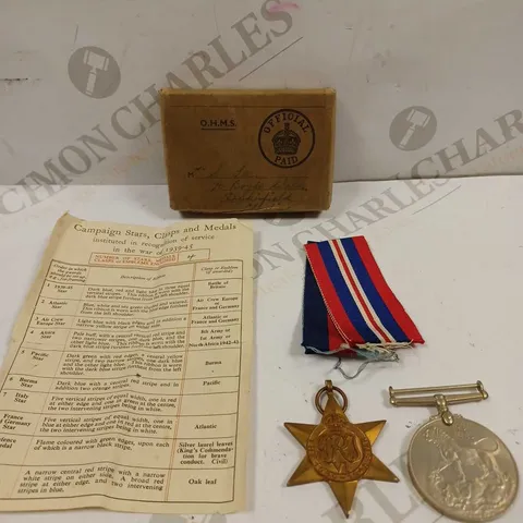 SMALL BOX TO CONTAIN 2 X BRITISH MILITARY SERVICE MEDALS WITH PAPERWORK 