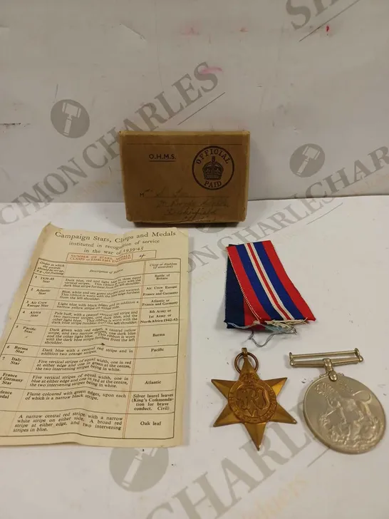 SMALL BOX TO CONTAIN 2 X BRITISH MILITARY SERVICE MEDALS WITH PAPERWORK 