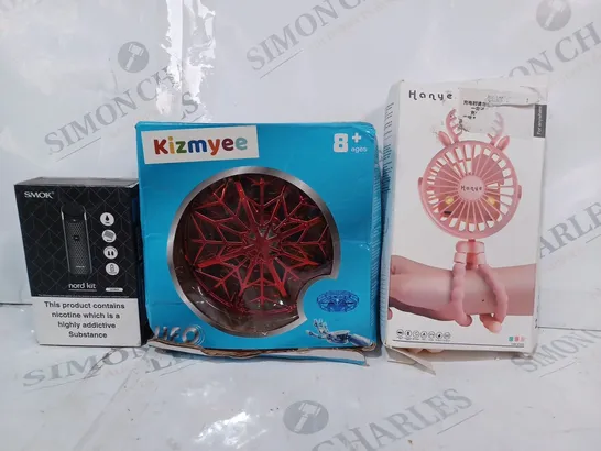 BOX OF APPROXIMATELY 10 ASSORTED ELECTRICAL ITEMS TO INCLUDE HANYE FAN, KIZMYEE UFO, SMOK NORD KIT, ETC