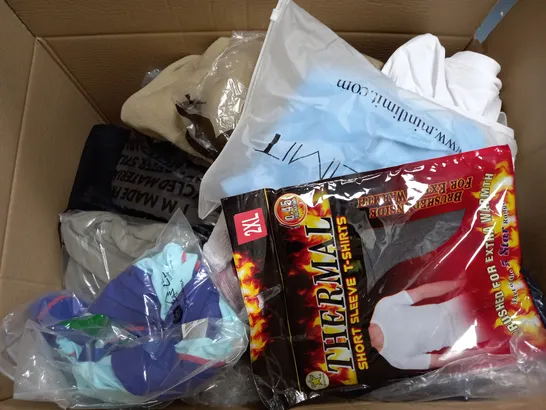 BOX OF APPROXIMATELY 22 ASSORTED CLOTHING ITEMS TO INCUDE - SHORTS , T-SHIRT , JUMPER ETC