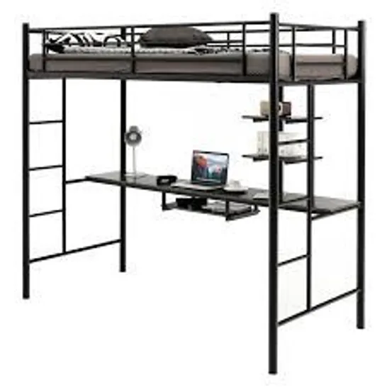 BOXED COSTWAY BUNK BED WITH DESK AND STORAGE SHELF, SOLID WOOD LOFT BED FRAME WITH LADDER & SAFETY GUARDRAIL (1 BOX)