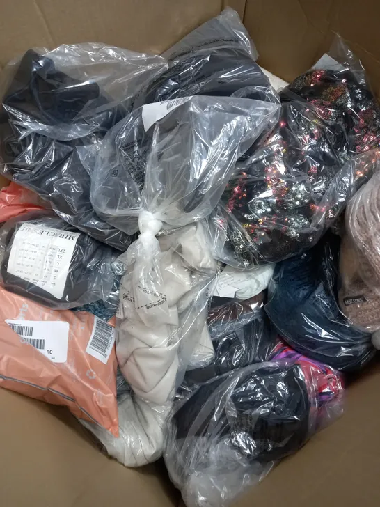 BOX OF ASSORTED CLOTHING ITEMS TOO INCLUDE TOPS , JUMPERS, AND PANTS ETC. 