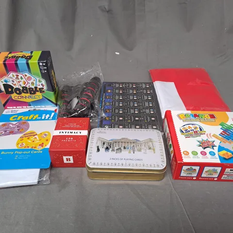 BOX OF ASSORTED TOYS AND GAMES TO INCLUDE DOBBLE, CARD GAMES AND CRAFT KIT