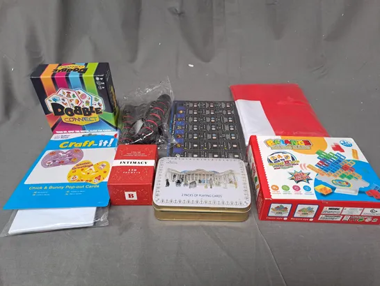 BOX OF ASSORTED TOYS AND GAMES TO INCLUDE DOBBLE, CARD GAMES AND CRAFT KIT