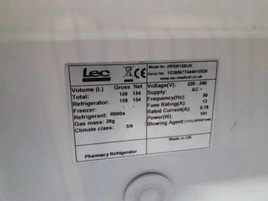 LEC PPSR158UK UNDERCOUNTER PHARMACY FRIDGE