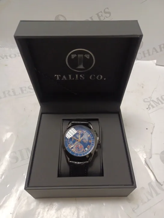 TALIS CO 7120 CHRONOGRAPH WATCH MOON PHASE MOVEMENT BLACK LEATHER STRAP