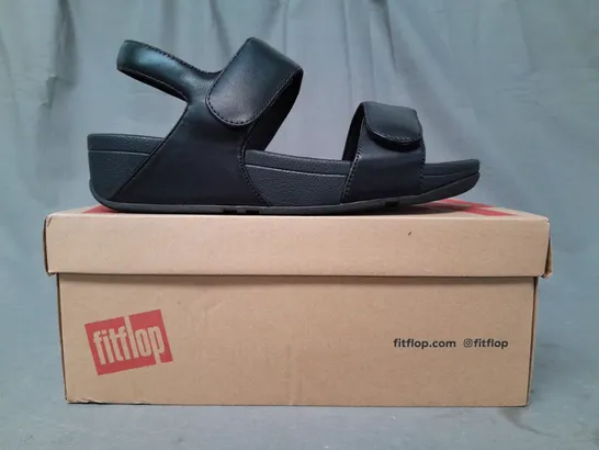 BOXED PAIR OF FITFLOP LULU ADJUSTABLE LEATHER BACK-STRAP SANDALS IN BLACK UK SIZE 7