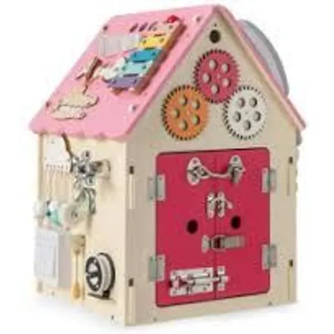 BOXED WOODEN BUSY HOUSE TODDLER LEARNING TOY WITH MUSIC BOX - PINK
