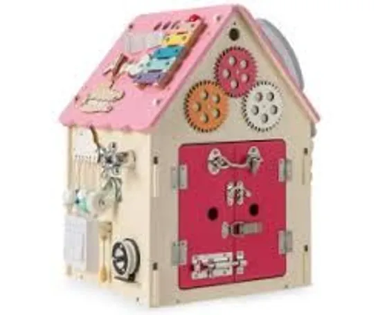 BOXED WOODEN BUSY HOUSE TODDLER LEARNING TOY WITH MUSIC BOX - PINK