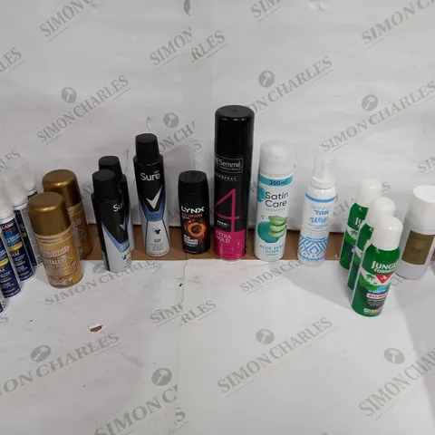 LOT OF APPROX 20 ASSORTED AEROSOLS TO INCLUDE BUG REPELLENT, HAIR GROWTH FOAM, BODY SPRAY ETC