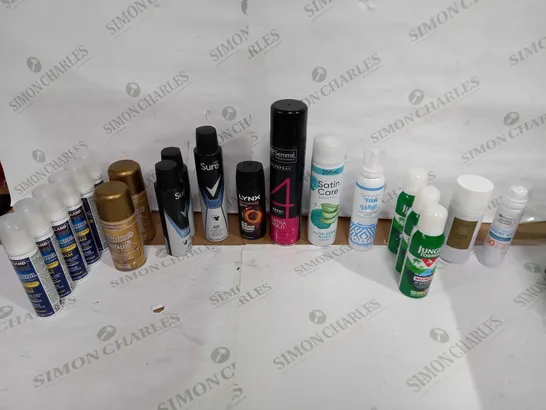 LOT OF APPROX 20 ASSORTED AEROSOLS TO INCLUDE BUG REPELLENT, HAIR GROWTH FOAM, BODY SPRAY ETC