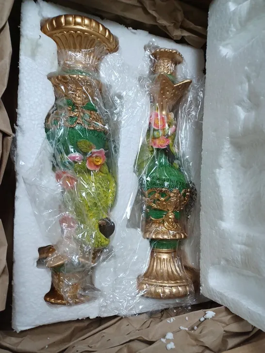 BOXED ALISON CORK SET OF 2 PARROT CANDLE STICKS IN GREEN 