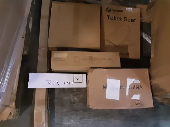 PALLET OF ASSORTED PRODUCTS INCLUDING PIPISHELL TOILET SEAT, METAL DETECTOR, NEXTIME, HJINHUI METAL SIDE TABLE, IKEA