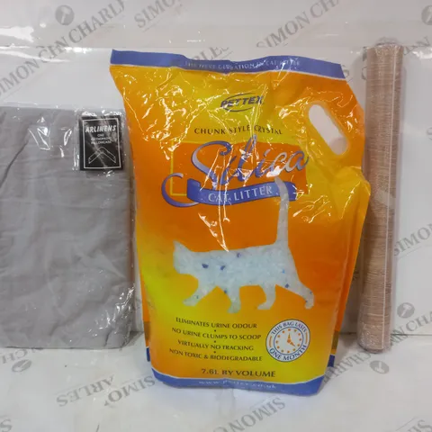 BOX OF APPROXIMATELY 10 ASSORTED HOUSEHOLD ITEMS TO INCLUDE PETTEX SILICA CAT LITTER, ARLINENS ORTHOPAEDIC PILLOWCASE, ETC
