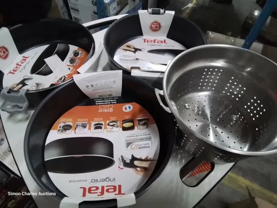 THREE TEFAL 24cm INDENIO NON STICK PANS ( NO HANDLES) & AIR FRYER BASKET