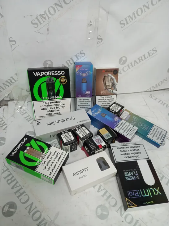 BOX OF APPROXIMATELY 10 ASSORTED E-CIG PRODUCTS TO INCLUDE ASPIRE, OXVA, VAPORESSO ETC