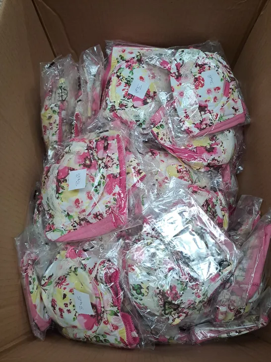 BOX OF APPROX 35 ASSORTED INK CREAM FLORAL BRAS  SIZES VERY 