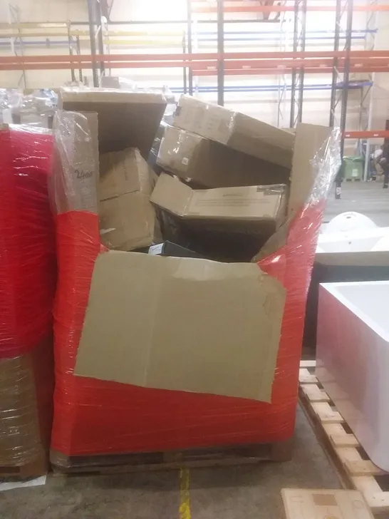 PALLET OF ASSORTED HOUSEHOLD PRODUCTS AND ITEMS, INCLUDING; RETRACTABLE GATE, FOOD PROCESSOR, DESKTOP LASER ENGRAVER, TOILET SEAT, FOLDING TABLE ETC