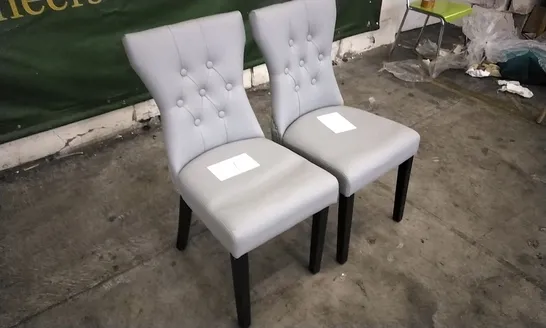 PAIR OF BEWLEY SLATE GREY LEATHER BUTTON BACK DINING CHAIRS WITH BLACK LEGS