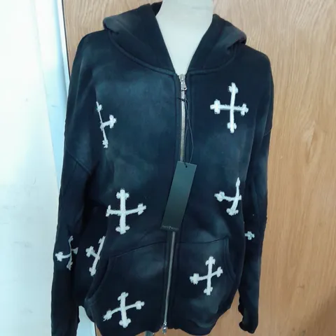 SAINT MIND FULL ZIP EMBRIODERED HOODIE IN BLACK AND WHITE CROSS DESIGN SIZE M