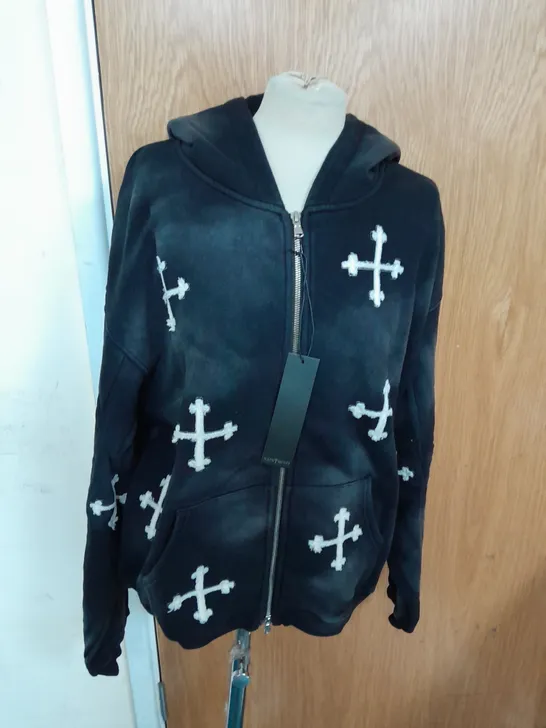 SAINT MIND FULL ZIP EMBRIODERED HOODIE IN BLACK AND WHITE CROSS DESIGN SIZE M