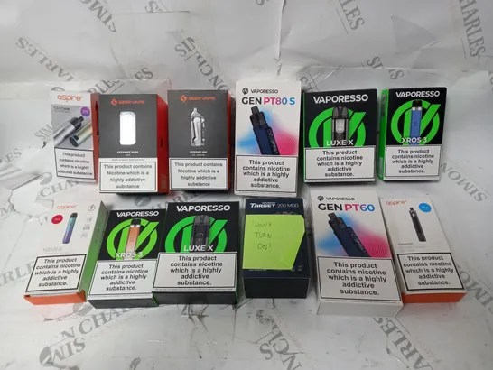 BOX OF APPROX 12 ASSORTED E-CIGARETTES TO INCLUDE - VAPORESSO LUXE X - VAPORESSO TARGET 200 MOD - ASPIRE FLEXUS STIK