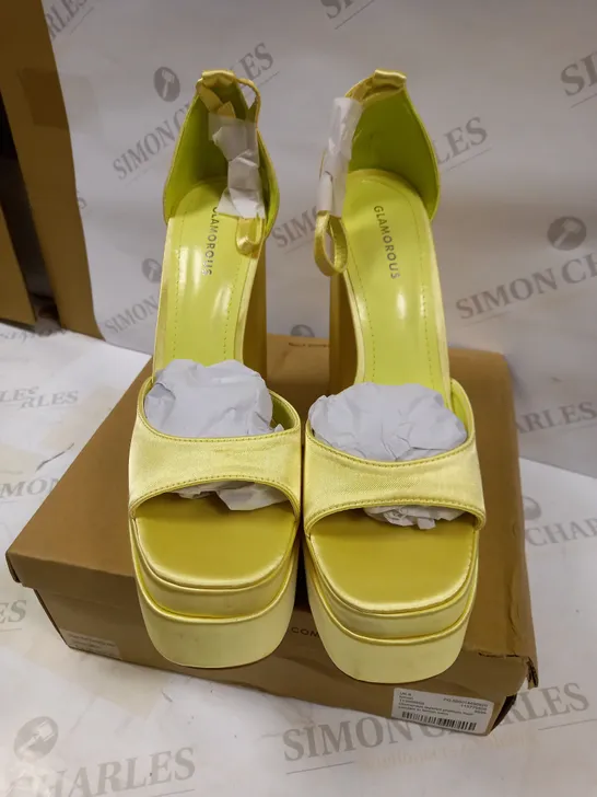 GLAMOROUS LAYERED PLATFORM HEEL LEMON SATIN SANDALS UK 8