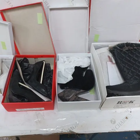 LARGE BOX OF APPROXIMATELY 10 ASSORTED BOXED AND UNBOXED SHOES TO INCLUDE BOOTS AND HEELS ETC.