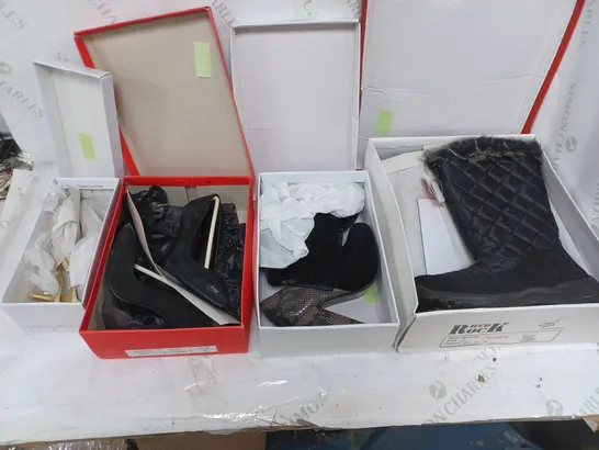 LARGE BOX OF APPROXIMATELY 10 ASSORTED BOXED AND UNBOXED SHOES TO INCLUDE BOOTS AND HEELS ETC.